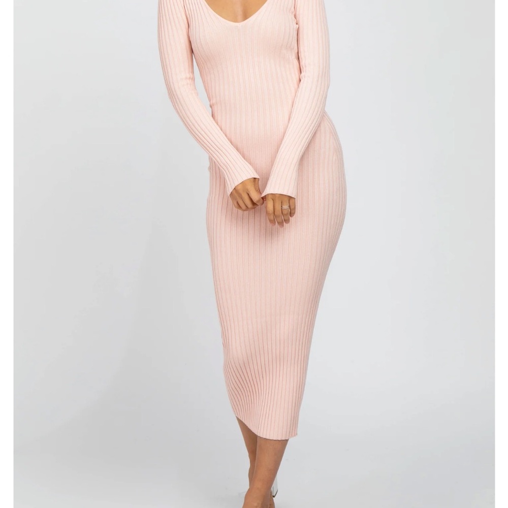 Pink Blush Maternity V Neck Long Sleeve Ribbed Knit Maxi Dress